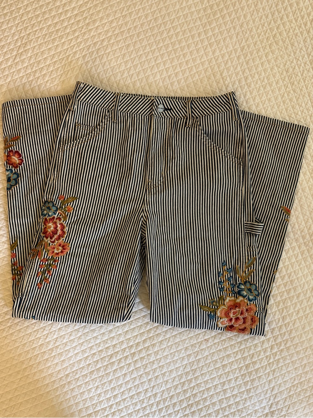DRIFTWOOD Black  and White Striped Embroidered Carpenter Jeans